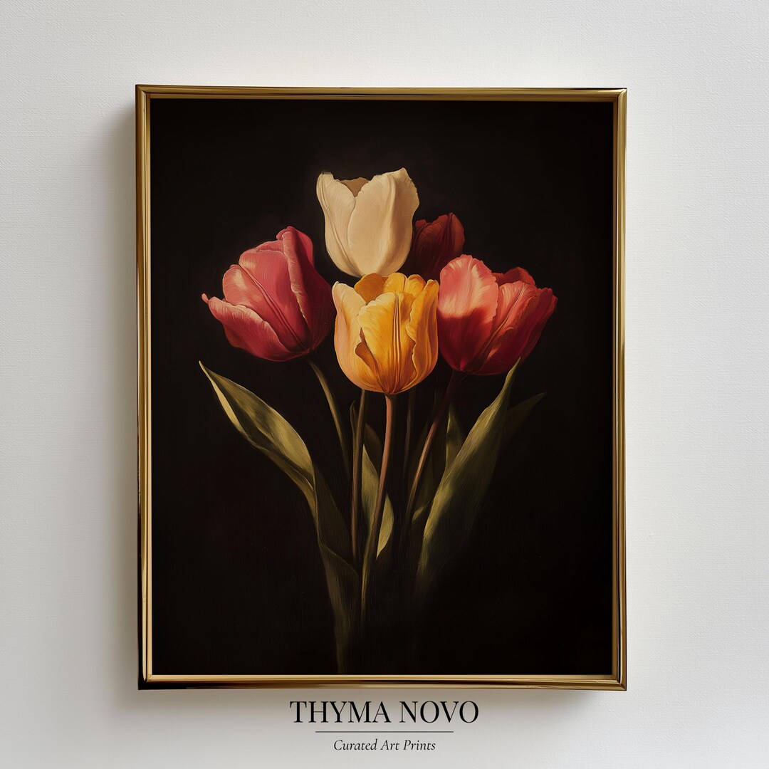 Vintage Tulip Bouquet Painting - Moody Floral Still Life Wall Art ...