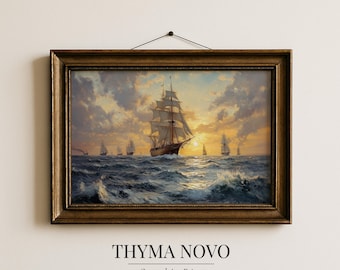 Vintage Sailing Ship Art, Tall Ship Painting, Classic Boat Print, Beach House Decor, boat art, Seascape Print, Antique Ship Art Download