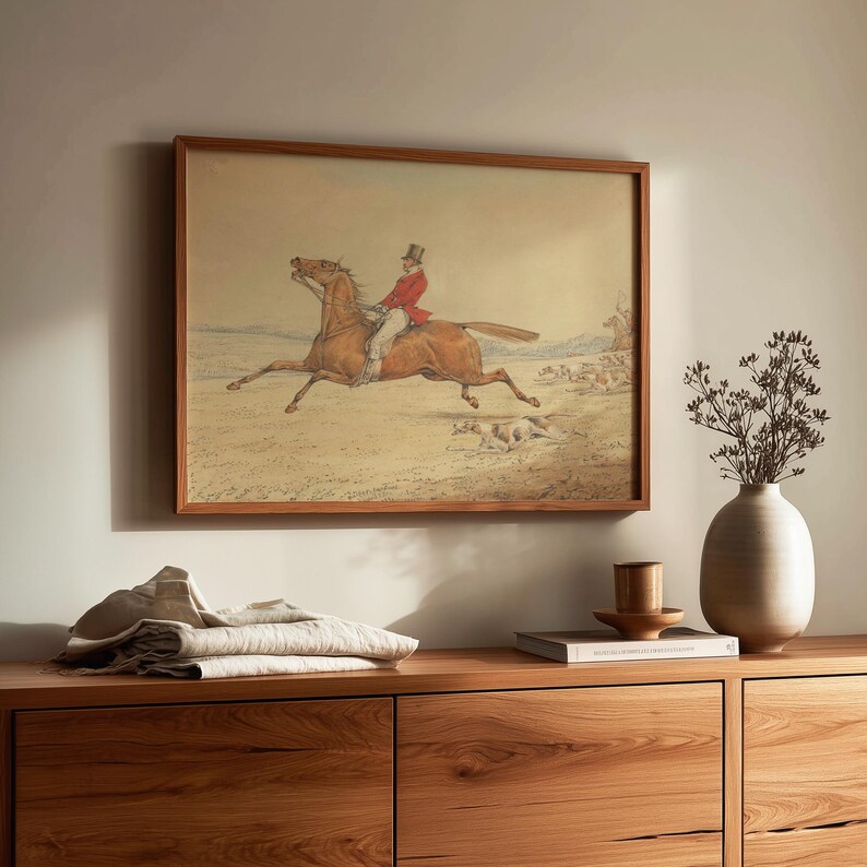 Classic artwork poster for dining room — serene depiction of a mounted hunter amidst rolling fields and distant riders.