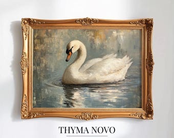 May include: A framed oil painting depicting a white swan on water, with a gold ornate frame. The artwork uses soft colours and the text "THYMA NOVO" and "Curated Art Prints" is at the bottom of the image.