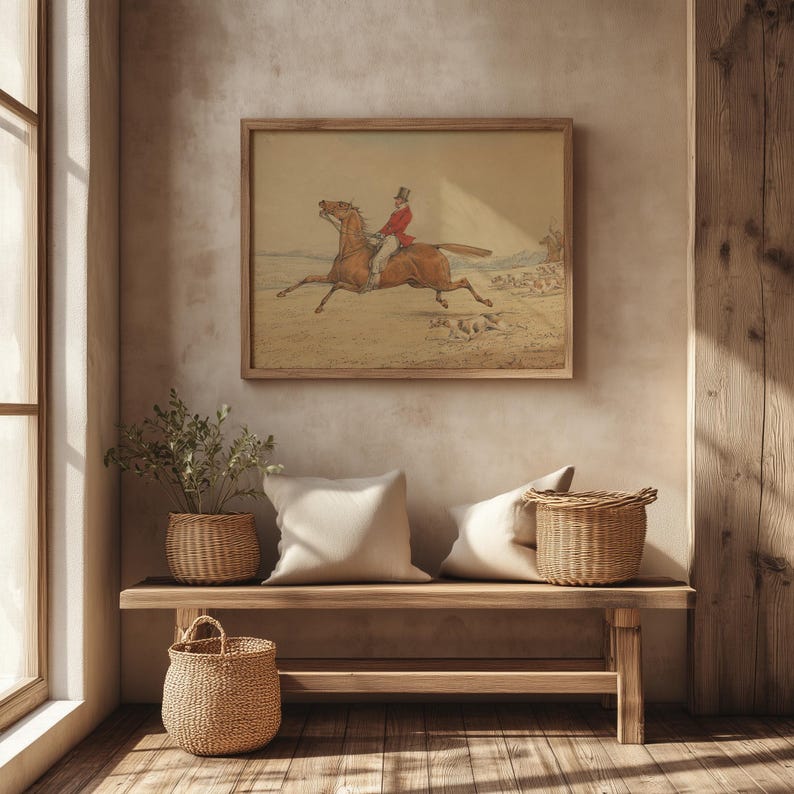 Chestnut horse and rider wall art for home office — rustic watercolor print capturing the thrill of the hunt in a serene countryside.