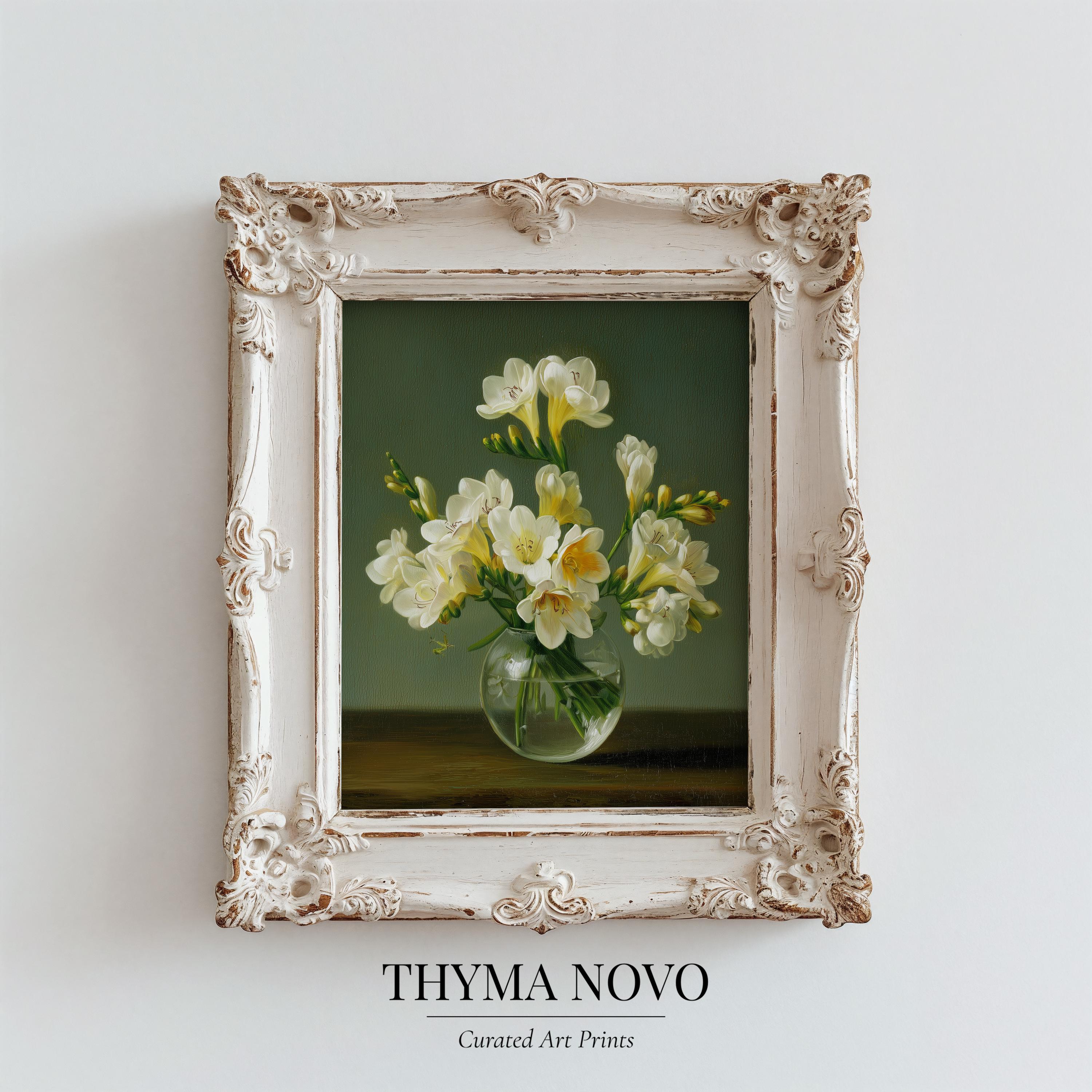 Freesia Flower, Antique Botanicals, Aesthetic Green Art, Moody