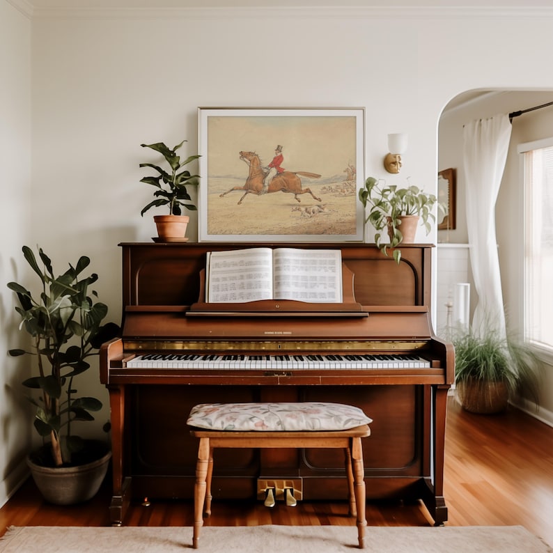 Sporty fox hunting wall art for family room — captivating blend of equestrian excitement and tranquil countryside view.