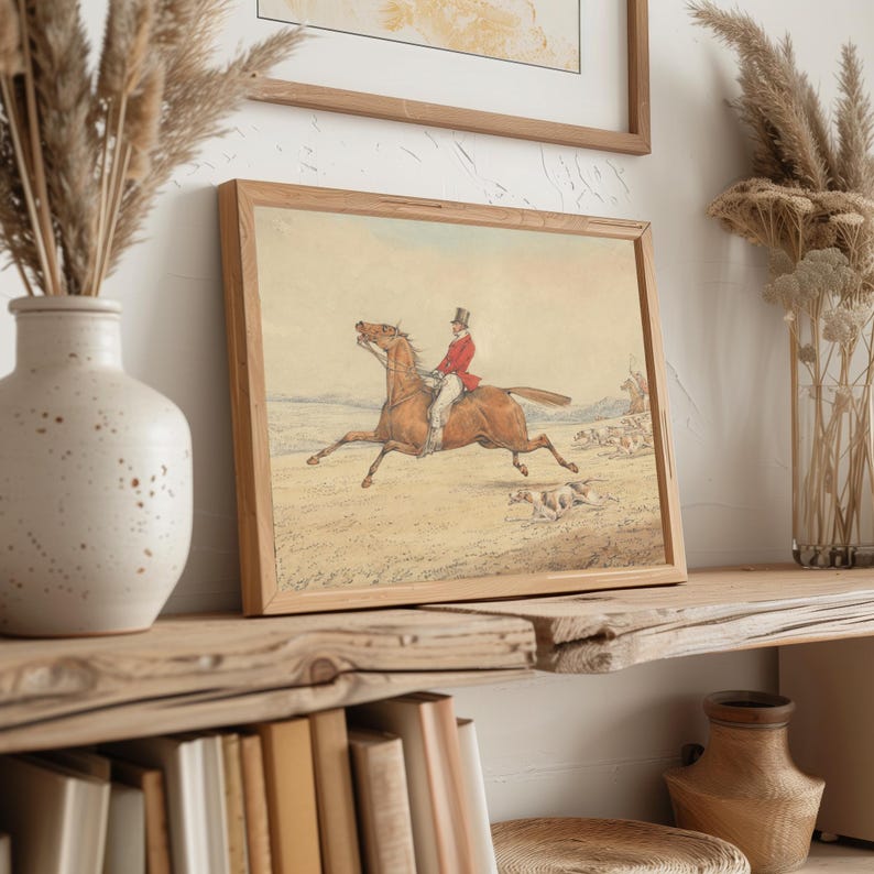 Vintage fox hunting picture printable art for man cave — nostalgic tone with an adventurous mood and harmonious nature backdrop.