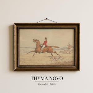 Equestrian-themed printable art for living room — dynamic scene with fox hunter and hounds, perfect rustic farmhouse accent.