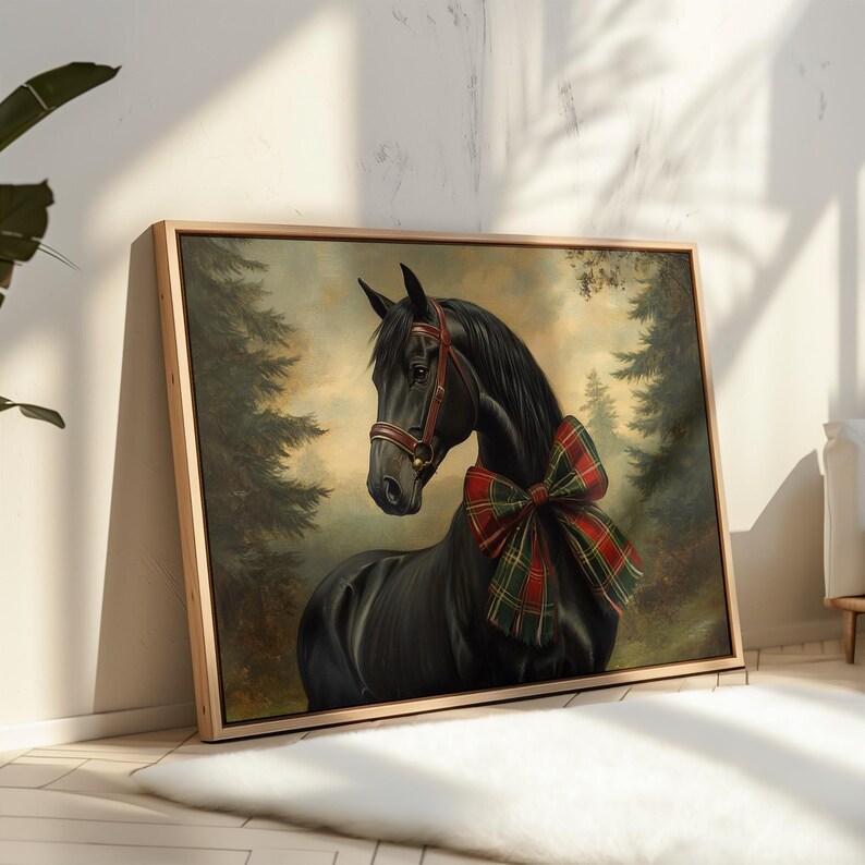 Realistic horse painting for home office — inviting artwork showcasing a black stallion with festive accents in muted colors.