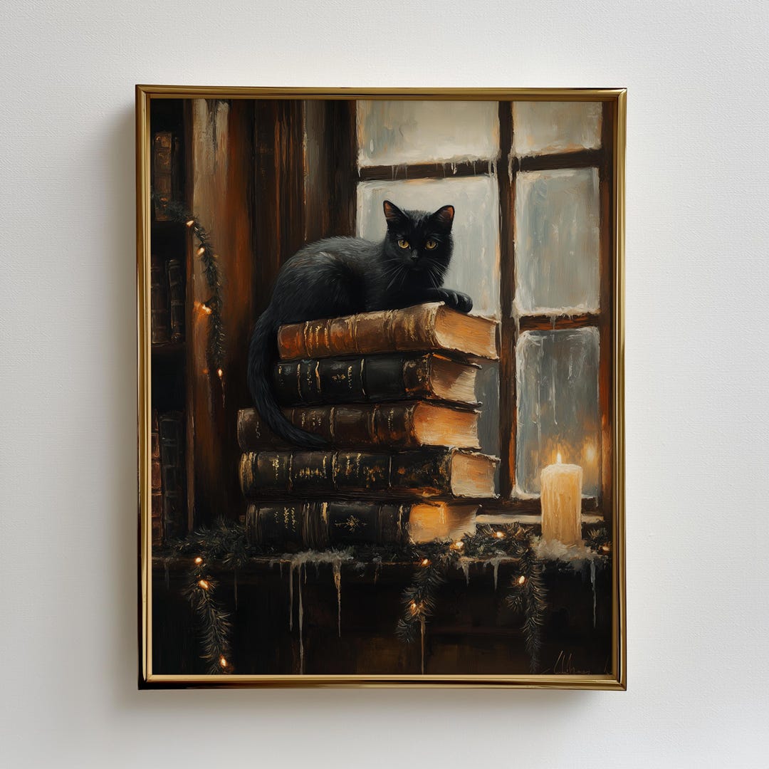 Black Cat Dark Academia Wall Art – Moody Library Art, Book Lovers Gift ...