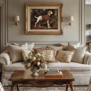 Foxhound artwork for lodge-style space — moody yet classic painting showcasing a dignified stance adorned in a red tartan coat.