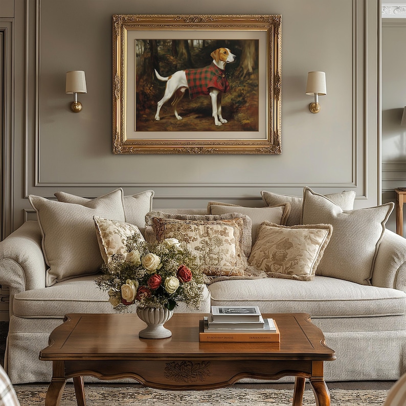 Foxhound artwork for lodge-style space — moody yet classic painting showcasing a dignified stance adorned in a red tartan coat.