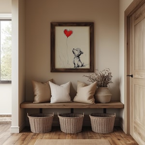 Yorkshire Terrier puppy wall art for nursery — cute pen-and-ink sketch on warm cream, with playful red balloon accent.