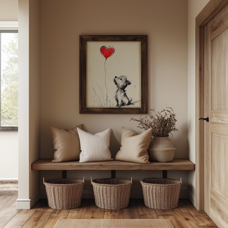 Yorkshire Terrier puppy wall art for nursery — cute pen-and-ink sketch on warm cream, with playful red balloon accent.