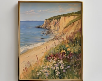 New England Cliffside Painting – Rustic Beach Art, Sea view decor, Beach house decor, Seaside Landscape Art, Coastal Printable