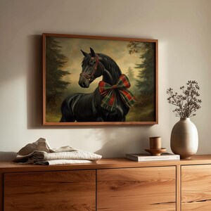 Charming vintage horse portrait digital download for living room — classic artwork that combines festive elements with moody vibes.