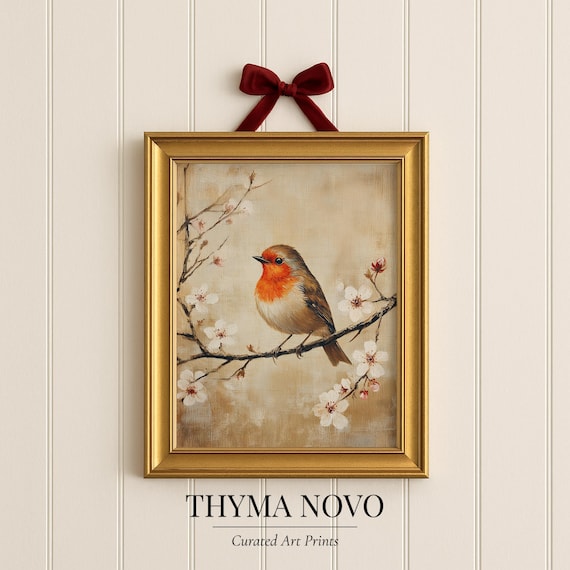 Vintage Robin Cherry Blossom Art Print – Entryway Print, Soft