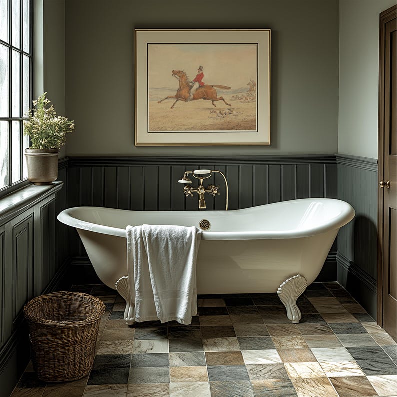 Vintage-style fox hunter painting for nursery — gentle, muted tones creating a warm atmosphere with farm-inspired charm.