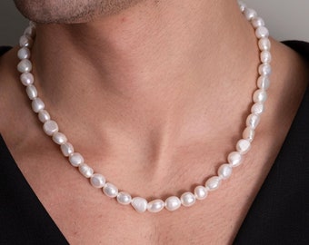 Freshwater Pearl Necklace for Men: 925 Sterling Silver, 9mm