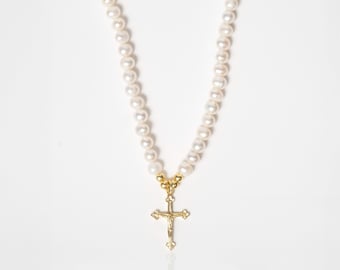 Sterling Silver Pearl Necklace with Cross Pendant