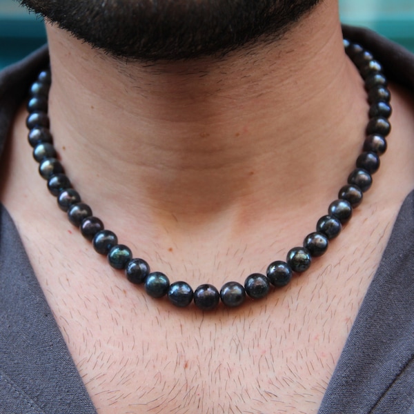 Schwarze Perlenkette, schwarze Perle Choker Halskette, Perlenkette Männer, sanfte Halskette, 925 Sterling Silber schwarze Perlenkette
