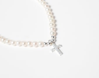 Sterling Silver Pearl Necklace with Cross Pendant