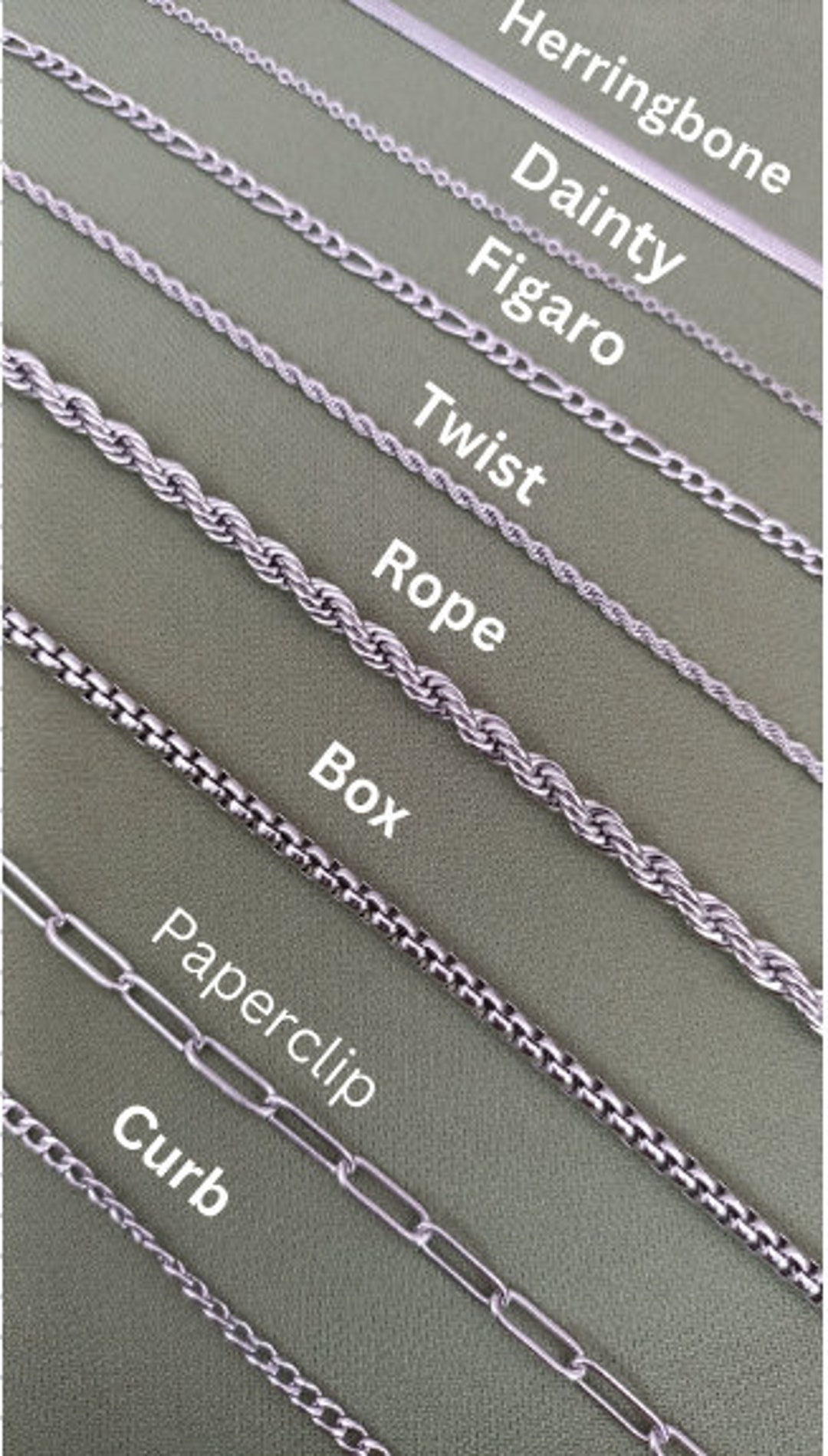 Silver Chain Necklace Stainless Steel : Curb, Figaro, Rope, Twist