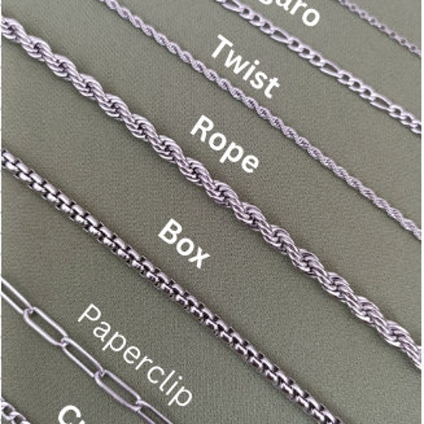 Silver Chain Necklace Stainless  Steel : Curb, Figaro, Rope, Twist, Box Herringbone Chain,Custom, Birthday Gifts,Mothers day Gifts