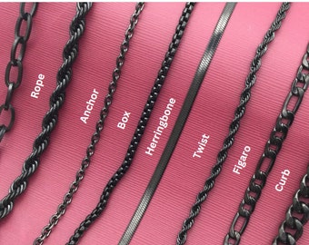 Zwarte ketting, zwarte kinketting, zwart touw, twist, paperclipketting, zwarte visgraatketting, Moederdagcadeaus voor hem en haar, waterdichte ketting