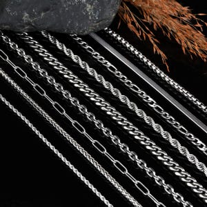 May include: A selection of silver chain necklaces in diverse designs, such as rope, curb, and box chains. The chains are presented on a black surface, with a dark rock and dried plant accents in the background.