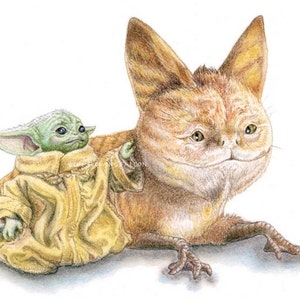 Loth Cat & Grogu Art Print: Unique Illustration (5x7)