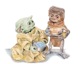Grogu & Babu Frik Art Print: Snack Buddies, Star Wars Wall Art (5x7)