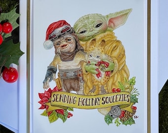 Tarjeta navideña de Star Wars: Grogu, Babu Frik y Loth-Cat Mini Print