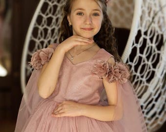 Dusty Pink Tulle Floral Girls Party Dress, Embroidered Hanging Sleeve Gown for Special Occasions
