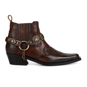 FootCourt- Brown Western Ankle Boots Women Genuine Leather Cowgirl Boots Vintage Snake Printed Leather Bohemian Dress New Season