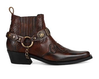 FootCourt - Botines occidentales marrones para mujer, botas vaqueras de piel auténtica, estilo vintage con estampado de serpiente, estilo bohemio, nueva temporada