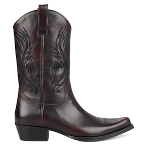 FootCourt- Burgundy Color Western Men Boots Genuine Leather Pointed Toe Handmade Cowboy Boots Embroidered Boots Leather Lining