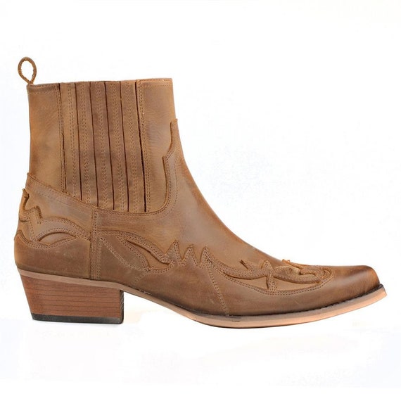 Footcourt- Cowboy Ankle Boots Tan Genuine Leather Retro