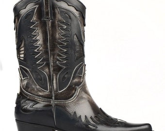 FootCourt- Black White Genuine Leather Female Vintage Cowboy Boots Mid Calf Boots Cowgirl Boots Made in Turkey New Collection