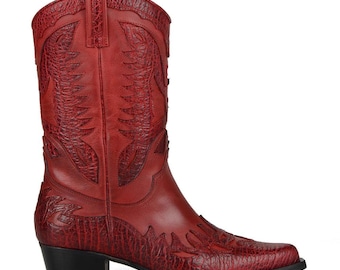 FootCourt Red Genuine Leather Vintage Women Cowboy Boots Classic Western Mid Calf Cowgirl Handmade Square Heel Pointed Toe Boots