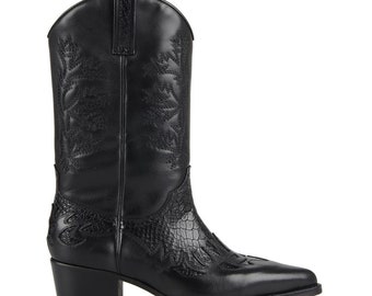 FootCourt- Black Women Cowboy Boots Genuine Exotic Print Leather Pointed Toe Vintage Retro Boots Handcrafted Shoes New Season