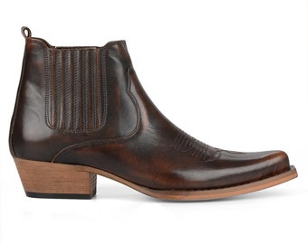 FootCourt-brązowe męskie buty kowbojskie zachodnie botki oryginalne skórzane buty haftowane buty szpiczasty nosek ręcznie robione klasyczne buty