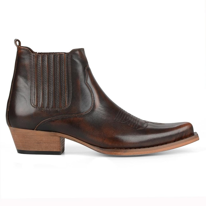 FootCourt- Brown Men Cowboy Boots Western Ankle Boots Genuine Leather Embroided Shoes Boots Pointed Toe Handmade Classic Boots image 1