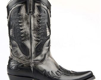 FootCourt- Black and White Men Cowboy Boots Genuine Leather Pointed Toe Mid Calf Vintage Fashion Eagle Pattern Handmade Western