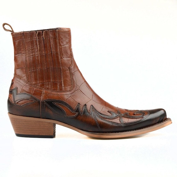 Footcourt New Brown Cowboy Ankle Boots Men Western Motorcycle Boots Biker Boots Genuine Leather Pointed Toe Embroidered Boots Etsy UK