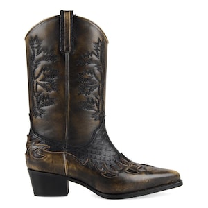 FootCourt- Brown Genuine Leather Women Cowboy Boots Polished Leather Embroidered Pointed Toe Boots Mid-Calf Boots Handmade New