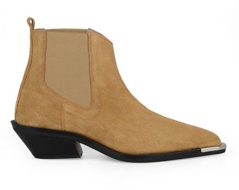 FootCourt Women Chelsea Western Boots Suede Beige Leather Spring Booties Thick Heel Metal Decoration Autumn Women Shoes Handmade