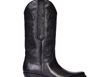 FootCourt Black Genuine Leather Women Western Boots Snip Toe Boots Fashion Autumn Spring Knee-High Boots Western Stitch Handmade