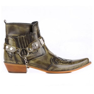 FootCourt- Men Texas Green Cowboy Boots Olive Western Ankle Boots Genuine Leather Pointed Toe Removable Buckled Ankle Harness