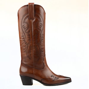 FootCourt- Brown Genuine Leather Medium High Heels Pointed Toe New Design Embroidered Women Boots Knee High Boots Cowboy Shoes