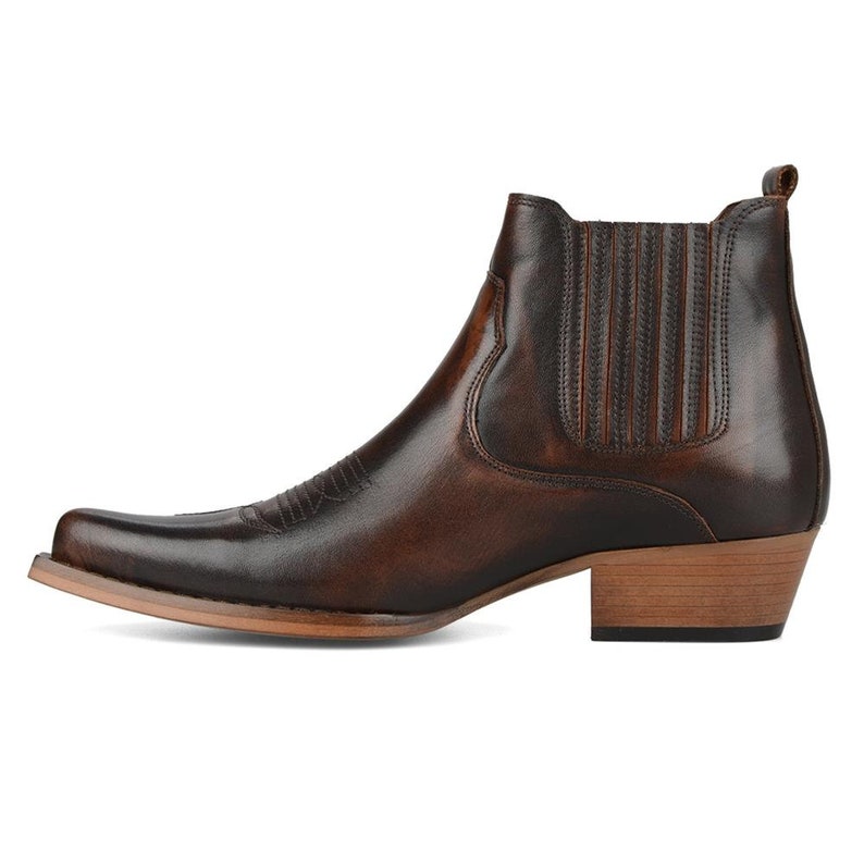 FootCourt- Brown Men Cowboy Boots Western Ankle Boots Genuine Leather Embroided Shoes Boots Pointed Toe Handmade Classic Boots image 5