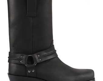 FootCourt- Black Genuine Oiled Leather Men Motorcycle Western Boots Biker Long Boots Half Cuban Heel Buckle Breathable Retro