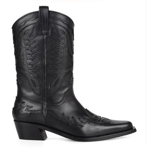 FootCourt- Black Genuine Leather Womens Cowboy Boots Pointed Toe Mid Calf Boots Handmade Women Shoes Cowgirl Boots New Season
